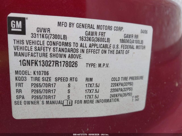 Aukcja sprzedaży 2007 Chevrolet Tahoe Lt, vin: 1GNFK13027R178026, numer aukcji: 44737379