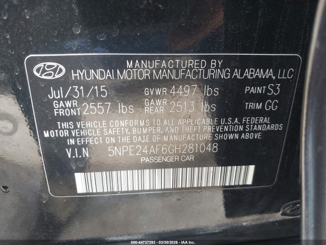 44737392 :رقم المزاد ، 5NPE24AF6GH281048 vin ، 2016 Hyundai Sonata Se مزاد بيع