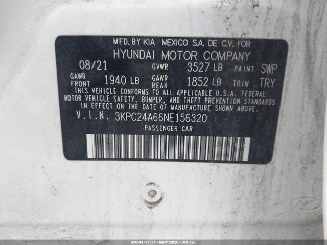 44737395 :رقم المزاد ، 3KPC24A66NE156320 vin ، 2022 Hyundai Accent Sel مزاد بيع