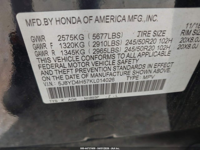 2019 Acura Mdx Tech Pkg მანქანა იყიდება აუქციონზე, vin: 5J8YD4H57KL014026, აუქციონის ნომერი: 44737409