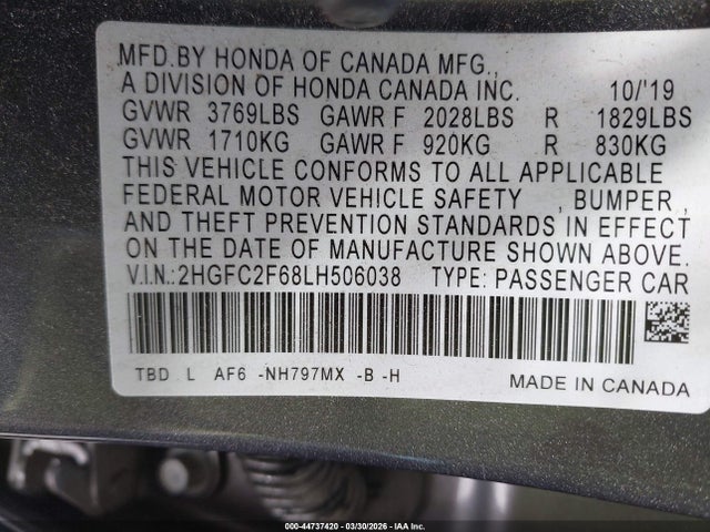 2020 Honda Civic Lx მანქანა იყიდება აუქციონზე, vin: 2HGFC2F68LH506038, აუქციონის ნომერი: 44737420