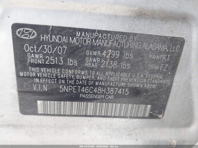 2008 HYUNDAI SONATA 5NPET46C48H387415 Photo 8