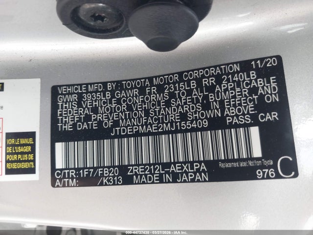 2021 Toyota Corolla Le მანქანა იყიდება აუქციონზე, vin: JTDEPMAE2MJ155409, აუქციონის ნომერი: 44737438