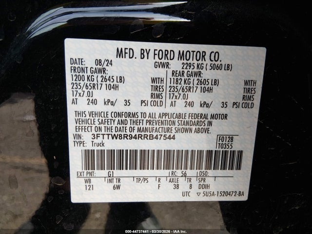 2024 Ford Maverick Lariat მანქანა იყიდება აუქციონზე, vin: 3FTTW8R94RRB47544, აუქციონის ნომერი: 44737441