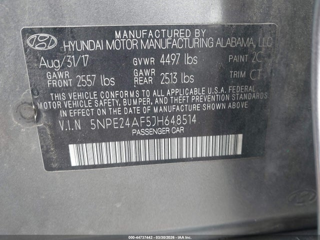 44737442 :رقم المزاد ، 5NPE24AF5JH648514 vin ، 2018 Hyundai Sonata Se مزاد بيع