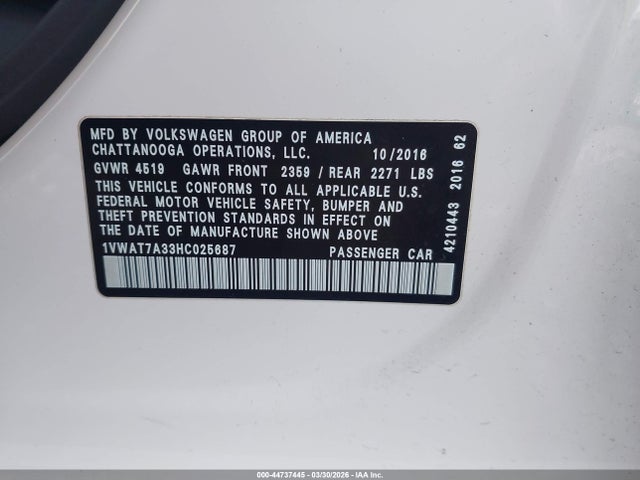 44737445 :رقم المزاد ، 1VWAT7A33HC025687 vin ، 2017 Volkswagen Passat 1.8t S مزاد بيع