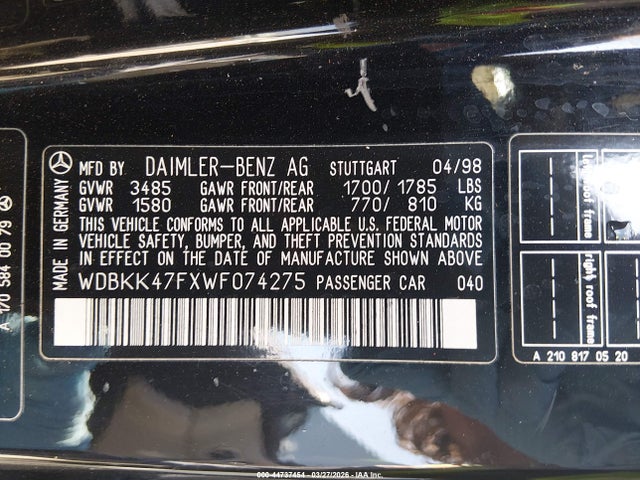 Продажа на аукционе авто 1998 Mercedes-benz Slk 230, vin: WDBKK47FXWF074275, номер лота: 44737454