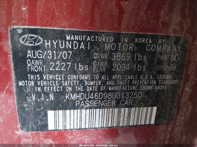 2008 HYUNDAI ELANTRA KMHDU46D98U313250 Photo 8