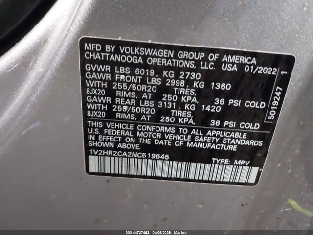 Aukcja sprzedaży 2022 Volkswagen Atlas 3.6l V6 Se W/technology, vin: 1V2HR2CA2NC519645, numer aukcji: 44737463