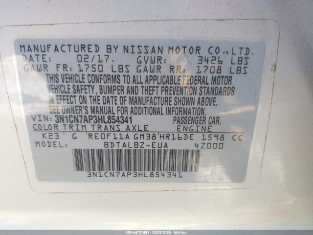 Продаж на аукціоні авто 2017 Nissan Versa 1.6 Sv, vin: 3N1CN7AP3HL854341, номер лоту: 44737481