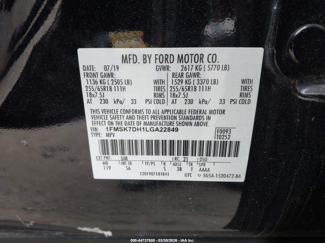 Aukcja sprzedaży 2020 Ford Explorer Xlt, vin: 1FMSK7DH1LGA22849, numer aukcji: 44737508