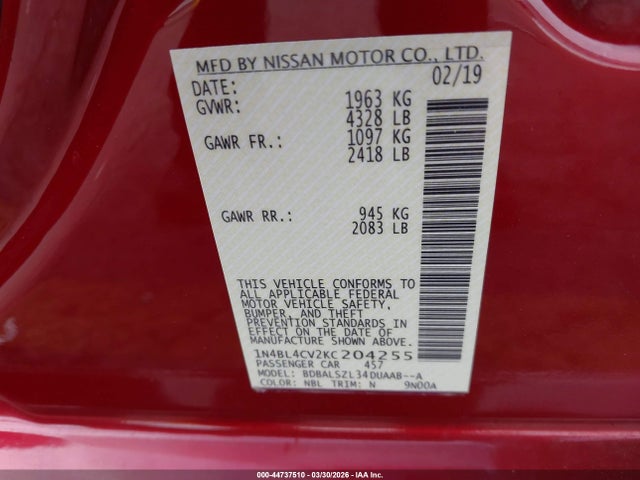 Продаж на аукціоні авто 2019 Nissan Altima 2.5 Sr, vin: 1N4BL4CV2KC204255, номер лоту: 44737510
