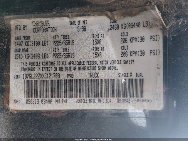 1999 Dodge Dakota Sport მანქანა იყიდება აუქციონზე, vin: 1B7GL22ZXXS121789, აუქციონის ნომერი: 44737511