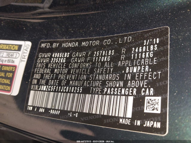 44737513 :رقم المزاد ، JHMZC5F11JC010255 vin ، 2018 Honda Clarity Plug-in Hybrid مزاد بيع