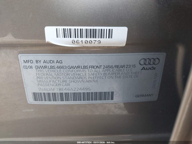 44737524 :رقم المزاد ، WAUAF78E46A224495 vin ، 2006 Audi A4 2.0t مزاد بيع