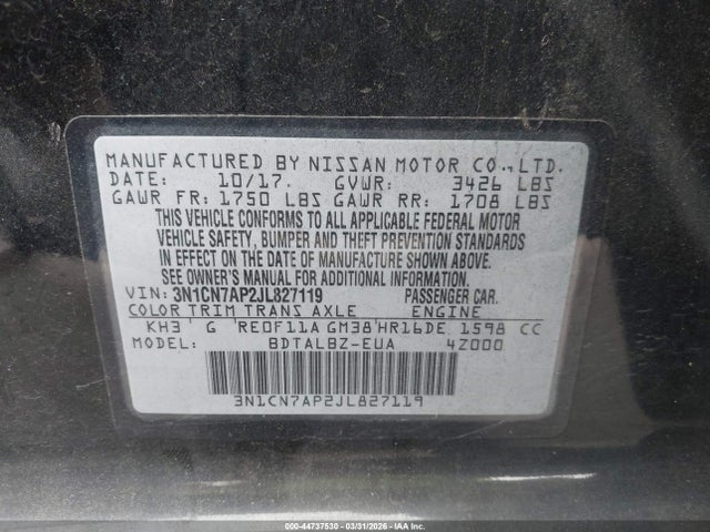 3N1CN7AP2JL827119 Nissan Versa 1.6 Sv