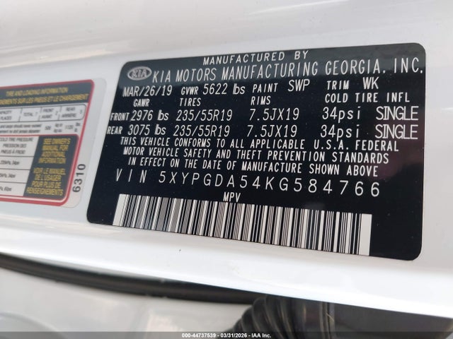 Продаж на аукціоні авто 2019 Kia Sorento 3.3l S, vin: 5XYPGDA54KG584766, номер лоту: 44737539
