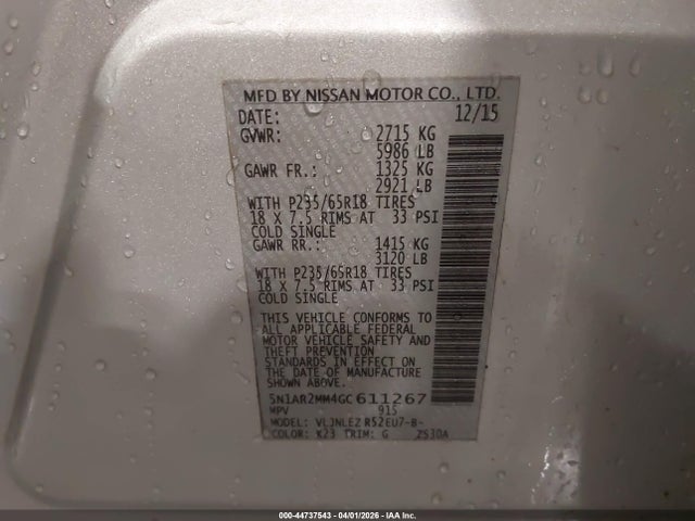 5N1AR2MM4GC611267 Nissan Pathfinder Platinum/s/sl/sv