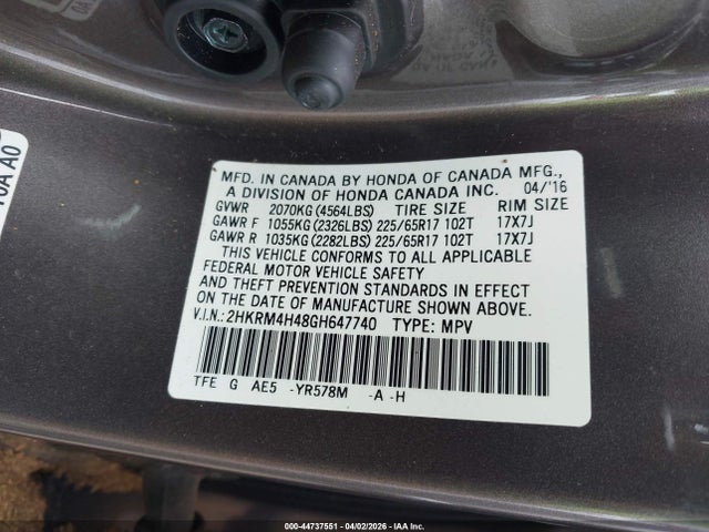 Aukcja sprzedaży 2016 Honda Cr-v Se, vin: 2HKRM4H48GH647740, numer aukcji: 44737551