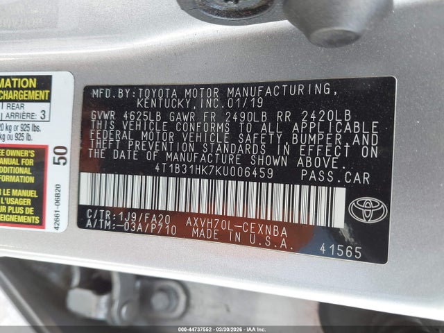 4T1B31HK7KU006459 Toyota Camry Hybrid Le