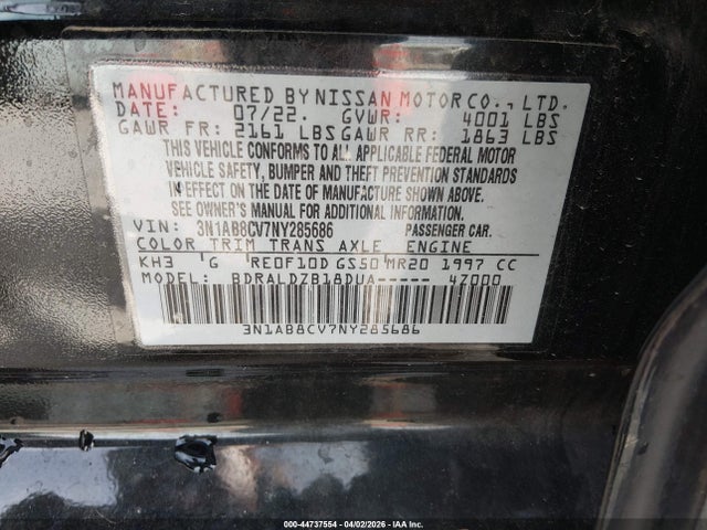 2022 Nissan Sentra Sv Xtronic Cvt მანქანა იყიდება აუქციონზე, vin: 3N1AB8CV7NY285686, აუქციონის ნომერი: 44737554