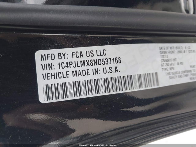 2022 Jeep Cherokee Latitude Lux Fwd მანქანა იყიდება აუქციონზე, vin: 1C4PJLMX8ND537168, აუქციონის ნომერი: 44737556