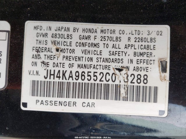 2002 Acura Rl 3.5 მანქანა იყიდება აუქციონზე, vin: JH4KA96552C013288, აუქციონის ნომერი: 44737562