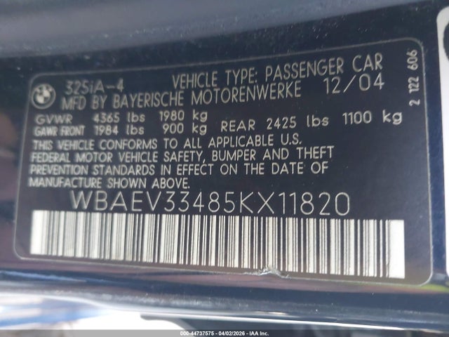 Продаж на аукціоні авто 2005 Bmw 325i, vin: WBAEV33485KX11820, номер лоту: 44737575