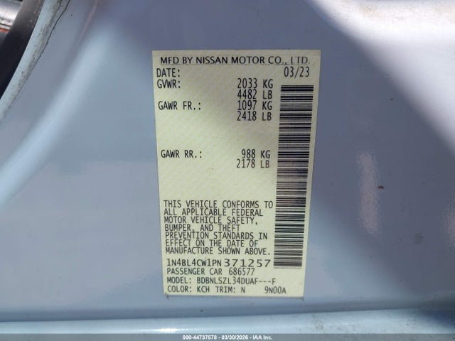 44737578 :رقم المزاد ، 1N4BL4CW1PN371257 vin ، 2023 Nissan Altima Sr Intelligent Awd مزاد بيع