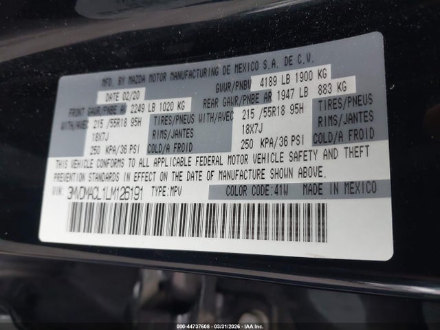 44737608 :رقم المزاد ، 3MVDMACL1LM126191 vin ، 2020 Mazda Cx-30 Select Package مزاد بيع
