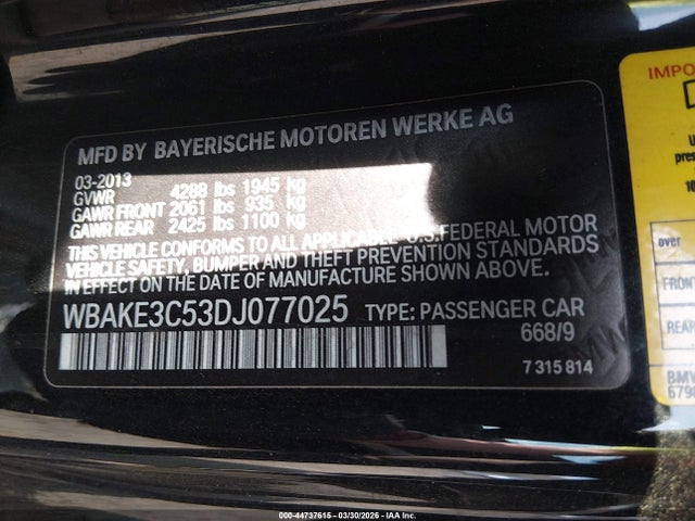 2013 Bmw 328i მანქანა იყიდება აუქციონზე, vin: WBAKE3C53DJ077025, აუქციონის ნომერი: 44737615