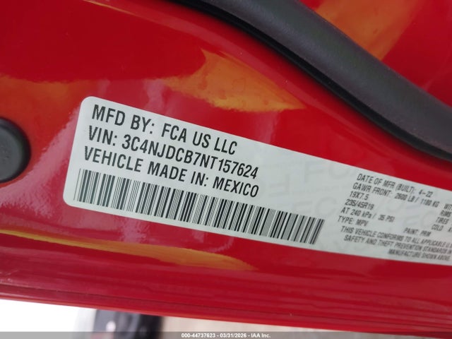 44737623 :رقم المزاد ، 3C4NJDCB7NT157624 vin ، 2022 Jeep Compass (red) Edition 4x4 مزاد بيع