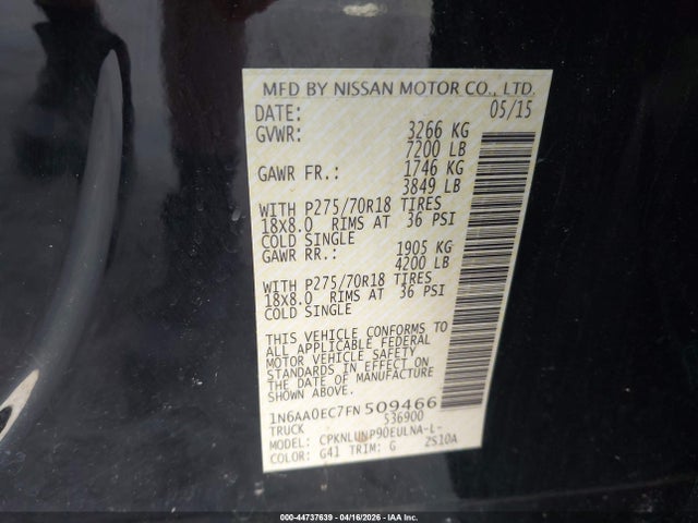 44737639 :رقم المزاد ، 1N6AA0EC7FN509466 vin ، 2015 Nissan Titan Pro-4x مزاد بيع