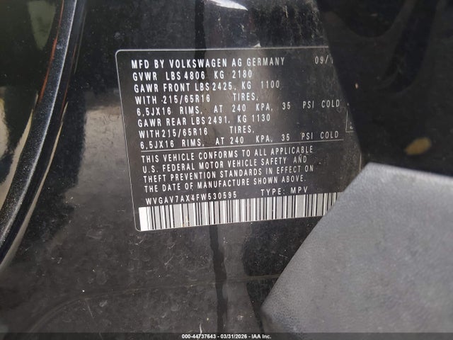 Продажа на аукционе авто 2015 Volkswagen Tiguan S, vin: WVGAV7AX4FW530595, номер лота: 44737643