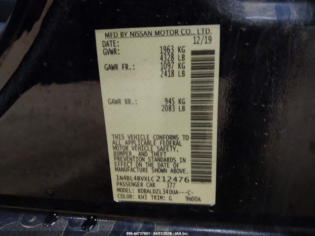 44737651 :رقم المزاد ، 1N4BL4BVXLC212476 vin ، 2020 Nissan Altima S Fwd مزاد بيع