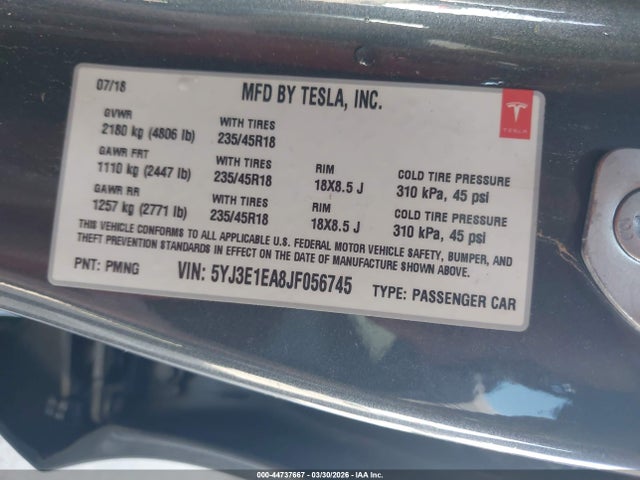 Aukcja sprzedaży 2018 Tesla Model 3 Long Range/mid Range, vin: 5YJ3E1EA8JF056745, numer aukcji: 44737667