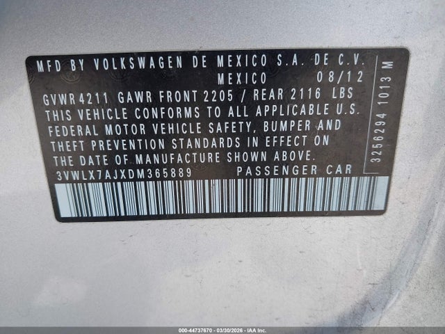 Aukcja sprzedaży 2013 Volkswagen Jetta 2.5l Sel, vin: 3VWLX7AJXDM365889, numer aukcji: 44737670
