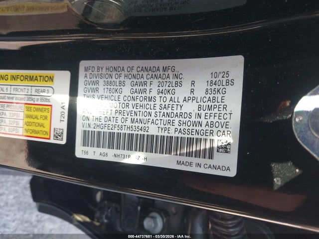 Продаж на аукціоні авто 2026 Honda Civic Sport, vin: 2HGFE2F58TH535492, номер лоту: 44737681