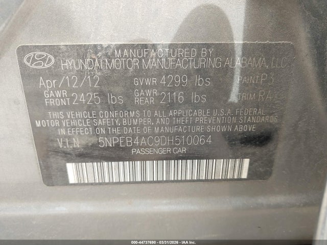 Aukcja sprzedaży 2013 Hyundai Sonata Gls, vin: 5NPEB4AC9DH510064, numer aukcji: 44737690