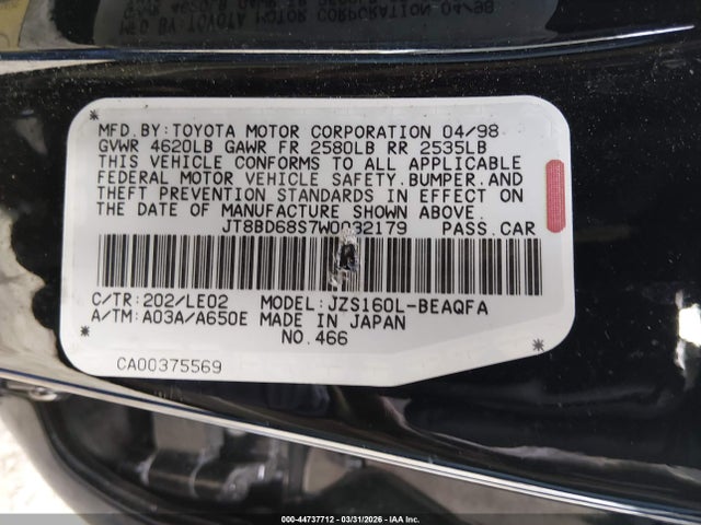 44737712 :رقم المزاد ، JT8BD68S7W0032179 vin ، 1998 Lexus Gs 300 مزاد بيع