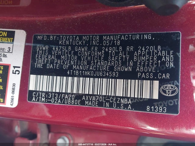 4T1B11HK0JU634593 Toyota CAMRY LE