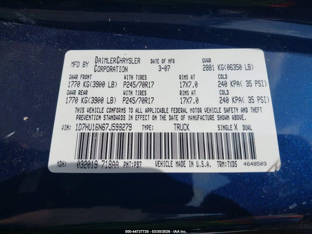 Aukcja sprzedaży 2007 Dodge Ram 1500 St, vin: 1D7HU16N67J598279, numer aukcji: 44737728