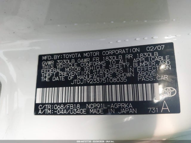 Продаж на аукціоні авто 2007 Toyota Yaris, vin: JTDJT923375108035, номер лоту: 44737730