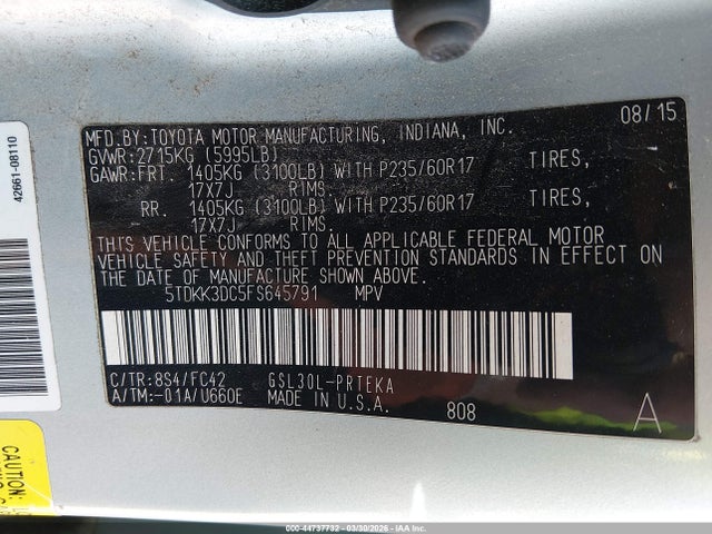 44737732 :رقم المزاد ، 5TDKK3DC5FS645791 vin ، 2015 Toyota Sienna Le 8 Passenger مزاد بيع