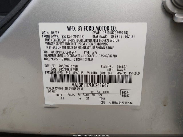 Продаж на аукціоні авто 2018 Ford Ecosport Se, vin: MAJ3P1TE9JC241647, номер лоту: 44737733