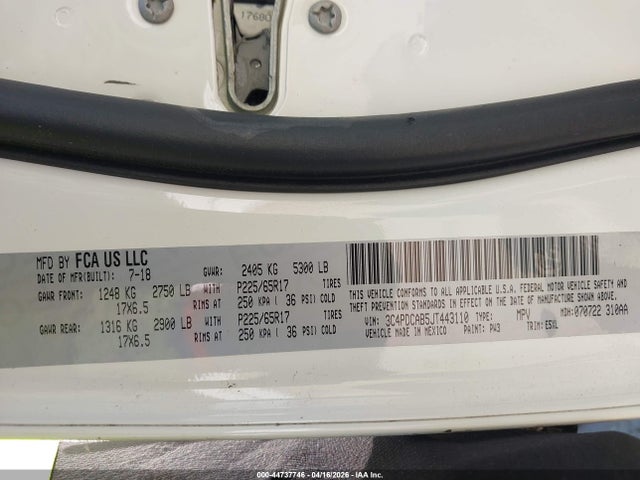 Aukcja sprzedaży 2018 Dodge Journey Se, vin: 3C4PDCAB5JT443110, numer aukcji: 44737746
