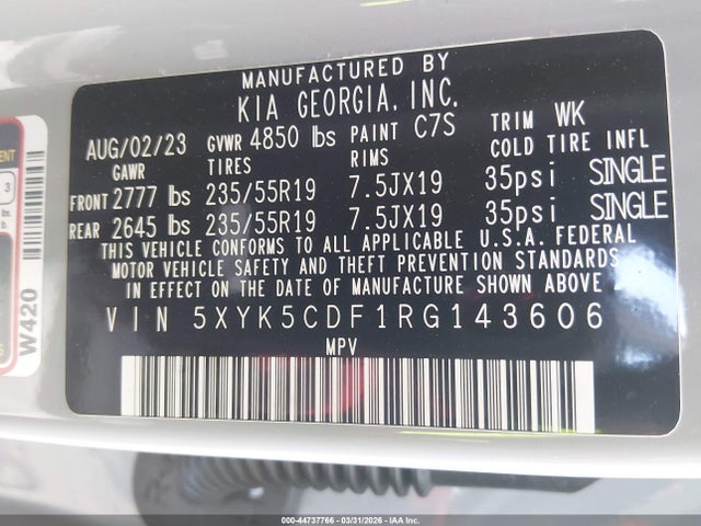 44737766 :رقم المزاد ، 5XYK5CDF1RG143606 vin ، 2024 Kia Sportage Sx-prestige مزاد بيع