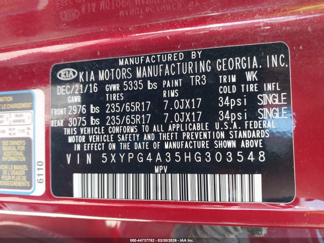 2017 Kia Sorento 2.4l Lx მანქანა იყიდება აუქციონზე, vin: 5XYPG4A35HG303548, აუქციონის ნომერი: 44737782
