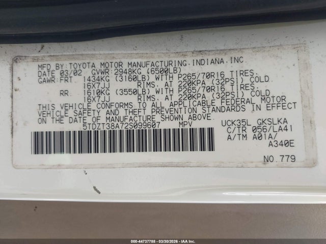 44737788 :رقم المزاد ، 5TDZT38A72S099607 vin ، 2002 Toyota Sequoia Limited V8 مزاد بيع