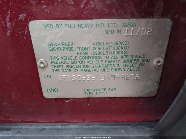 Продаж на аукціоні авто 2003 Subaru Forester X, vin: JF1SG63673H749672, номер лоту: 44737834